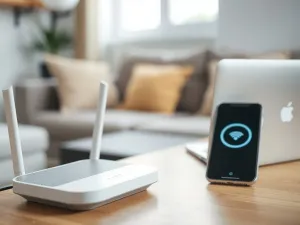 Router Wi‑Fi na biurku obok smartfona bez połączenia, w tle rozmyty salon – symbol problemów z domowym internetem.