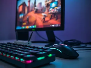 Nowoczesne stanowisko gamingowe z monitorem i routerem Wi‑Fi, podkreślające temat problemów z pingiem w grach online.