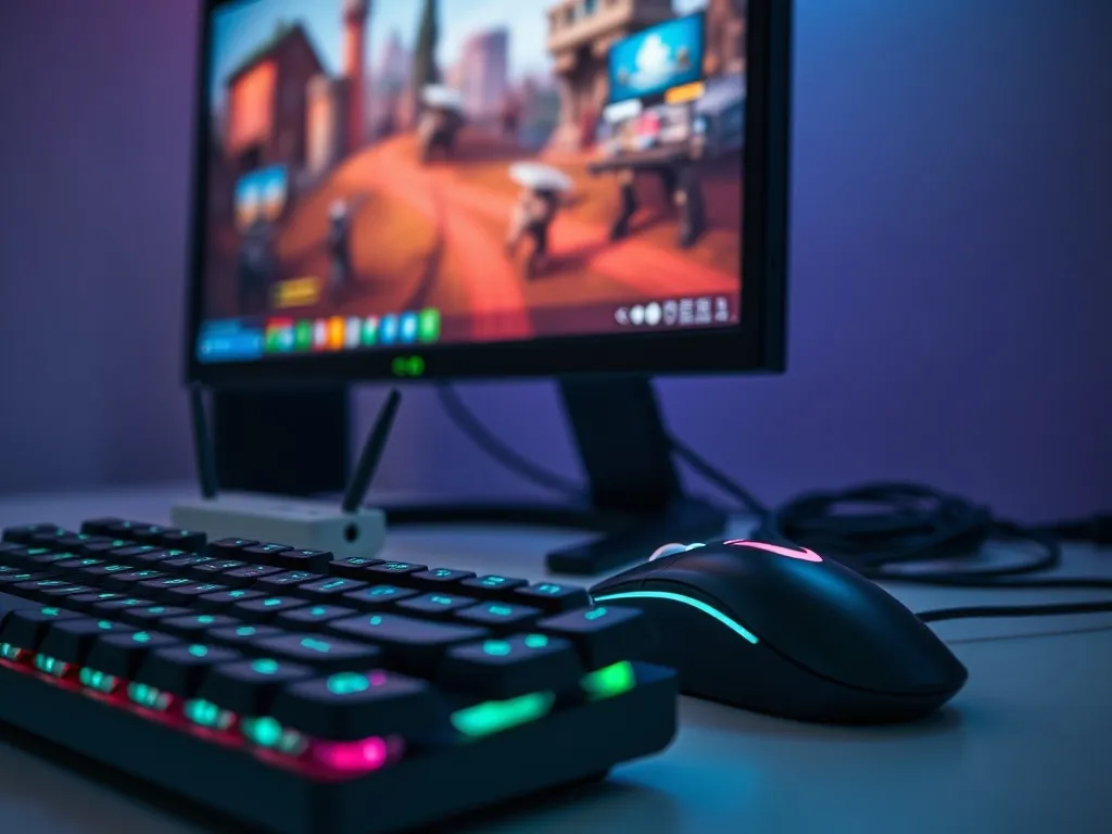 Nowoczesne stanowisko gamingowe z monitorem i routerem Wi‑Fi, podkreślające temat problemów z pingiem w grach online.