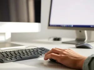 Dłoń naciska klawisz na klawiaturze przy monitorze, ilustrując wykonywanie zrzutu ekranu na komputerze.
