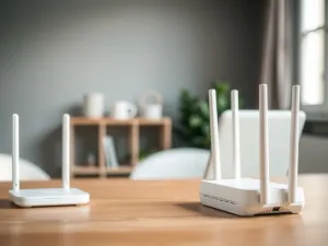 Nowoczesny router Wi‑Fi i laptop na biurku, ilustrujące działanie DNS w domowej sieci internetowej