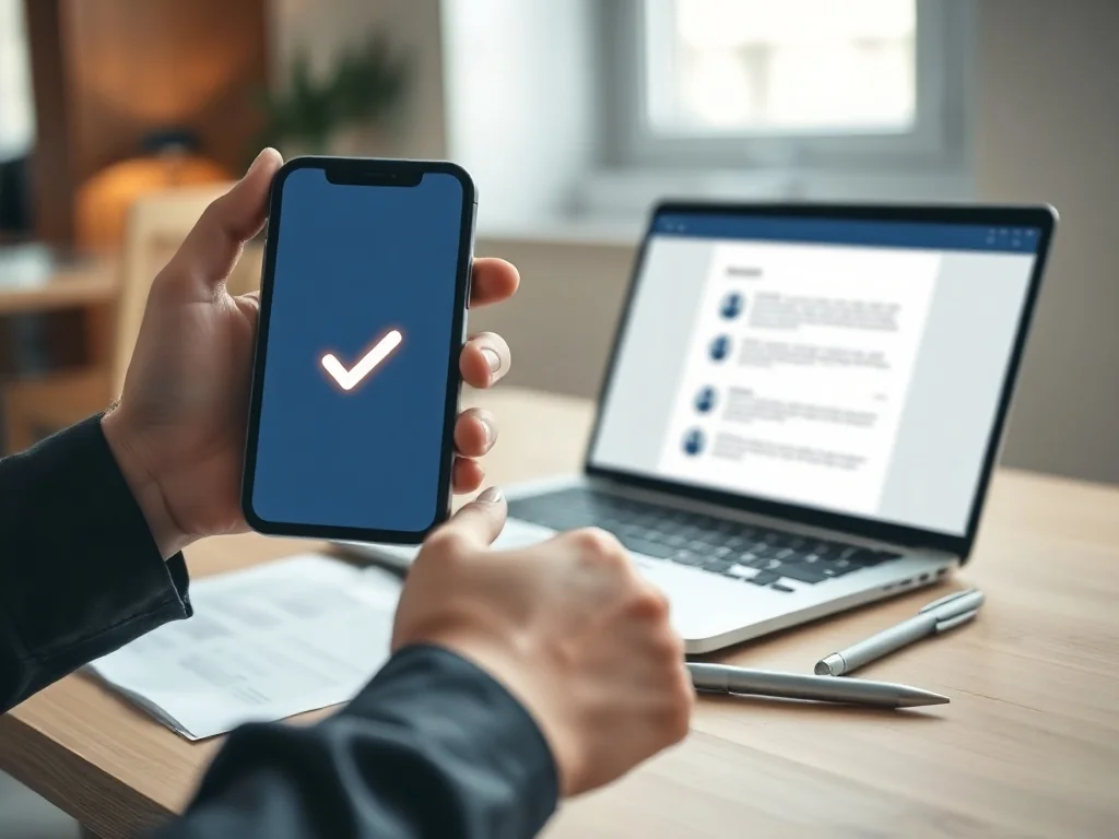 Smartfon z cyfrowym znacznikiem zatwierdzenia obok laptopa, symbolizujący bezpieczny podpis elektroniczny i akceptację dokumentu.