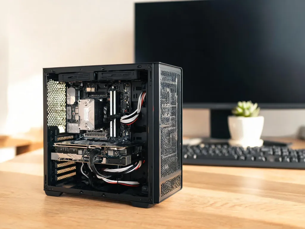 Kompaktowy komputer Mini-ITX z wydajną kartą graficzną w eleganckiej, czarnej obudowie na biurku w domowym biurze.
